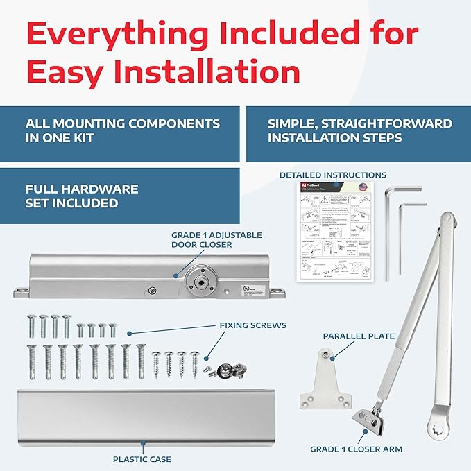 A1 ProGuard Commercial Heavy Duty Automatic Door Closer, ADA UL Grade 1 Listed Self Closing Door Hinges, Door Closers Commercial High Traffic, Auto Door Closer, Hydraulic Spring Soft Close - Silver