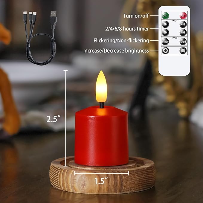 Rechargeable Small Flameless Tea Light Candles with Remote Function, LED Votive 2/4/6/8 Hours Timer Red 1.5" x2.5" Mini Plastic Set of 6 Tealight (Charging Cable Included)