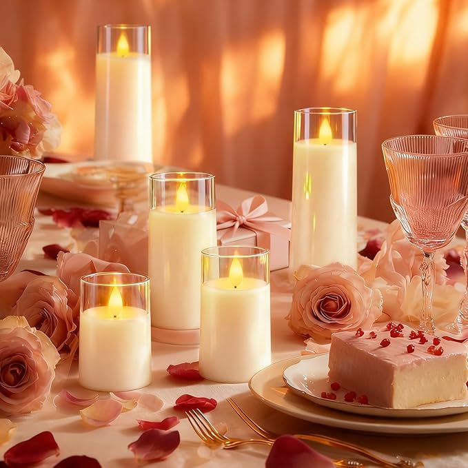 Raycare Flameless Candles Battery Operated with Remote Timer, Acrylic Flickering LED Pillar Candle for Valentine's Day, Home Decor, Gift for Family and Friend, White, Set of 5