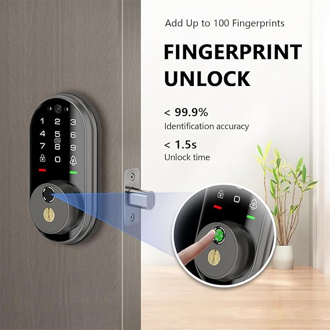 Smart Lock with Camera, Fingerprint Keyless Entry Deadbolt Lock, Built-in WiFi, Video Doorbell, Touchscreen Keypad, 2-Way Audio, Tuya APP, Waterproof, 8 AA Batteries, for Front Door
