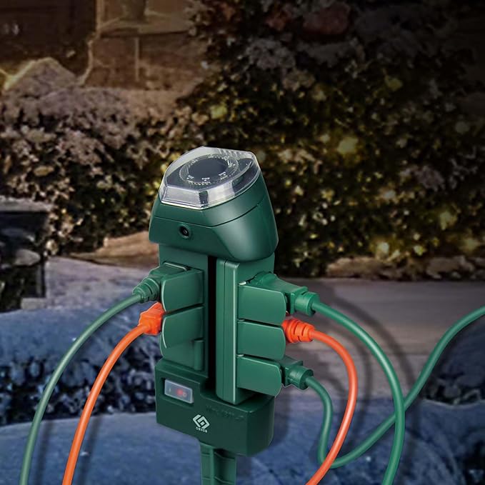 Outdoor Power Stake, 6 Grounded Outlets with 180º Rotating Function and Safety Cover, 6FT Cord, UL Listed, Green