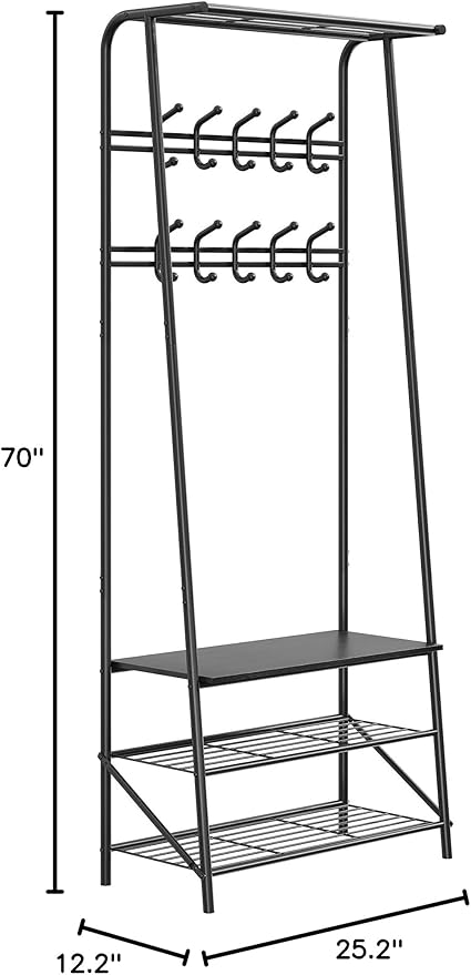Entryway Hall Tree Coat Rack with Shoe Storage Bench, 10 Hooks & Clothes Rail – Wood Look, Metal Frame – Multifunctional Organizer for Hallway, Black – Double Row Hook, 60cm Wide, Black