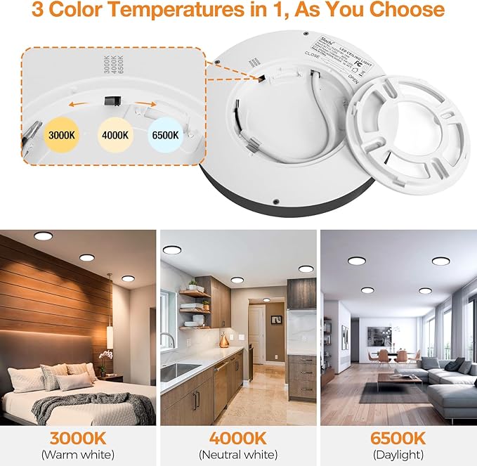 1PACK LED Flush Mount Ceiling Light Fixture, 3000K-4000K-6500K & 100W Equivalent Modern Kitchen Ceiling Lamp 12W 1200Lm 6.5 Inch Closet Round Surface for Bathroom Laundry Bedroom Hallway, Black