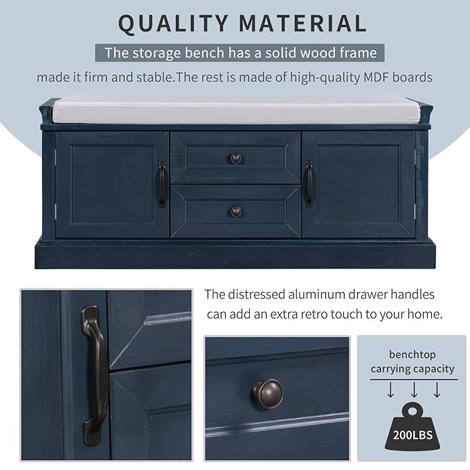 GDFStudio Rustic Storage Bench with 4 Doors 2 Draws Adjustable Shelves Removable Cushion Rectangular Cabinet Foot Rest Stool Solid Wood Shoe Bench Seating for Entryway Living Room, Antique Navy