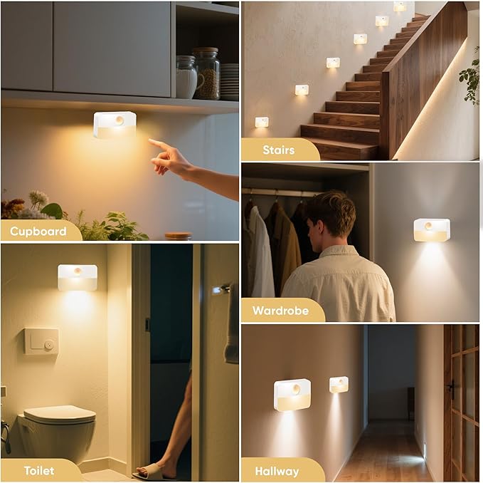 Motion Sensor Night Light for Indoor: 6 Pack Battery Operated Stair Lights LED 3000k Step Lights - Motion Sensor Lamp for Cabinet Closet Hallway Bedroom Stairs (Battery Powered)