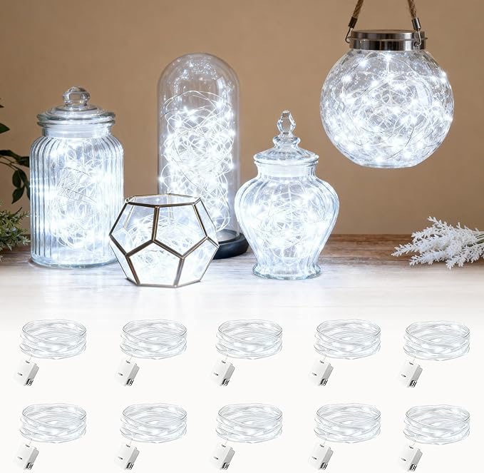 Lemical 10 Pack Fairy Lights Battery Operated 9.8FT 30 LED Twinkle Lights 3 Modes Waterproof Bulk Mini Copper Wire Firefly String Light for Christmas Mason Jars DIY Wedding Table Decor(Cool White)