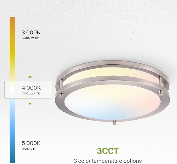 ASD LED 12" Round Flush Mount Lighting, Close to Ceiling Light Fixture | 3CCT, Dimmable, Energy Star, ETL Listed | 20W 1532LM 3000-5000K 120V | Low Profile Double Ring Lamp | Nickel, 4 Pack