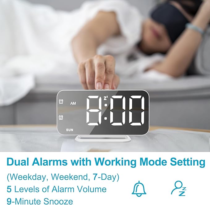 Slim LED Digital Alarm Clock, Mirror Surface for Makeup, with Diming, Large Display, Easy Setting, USB Ports, Modern Decor for Bedroom, Desk, Xmas, Birthday Gift for Women, Sister, Teen Girl, Silver