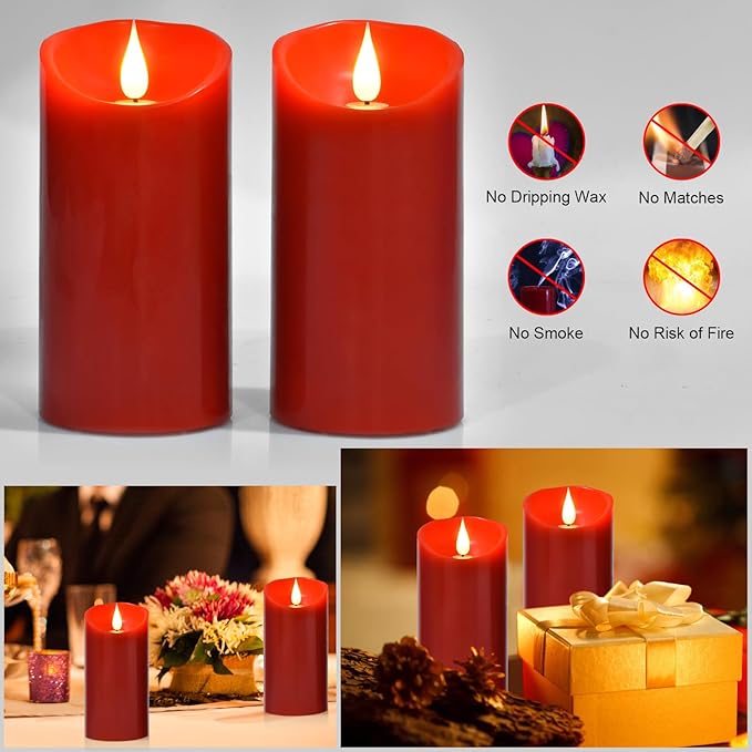 Flameless Battery Operated Flicking Candles:Remote Control Realistic Wax Pillar LED Candle with 10-Key Cycling 24 Hours Timer for Home Decoration Wedding Birthday Party 2PACK Red