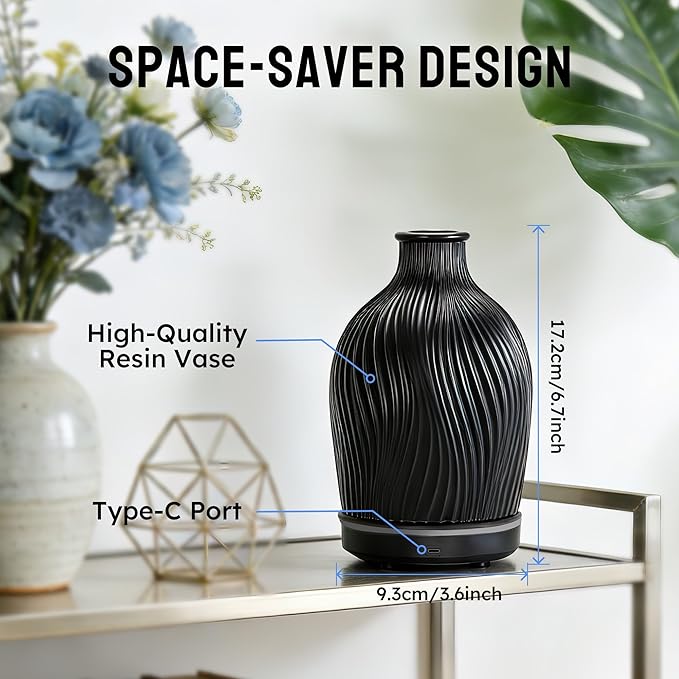 Essential Oil Diffuser 150ml, Resin Material Aromatherapy Diffuser with 1/2/4H Timer, 7 Color Lights, Auto Shut-Off, Whisper-Quiet Ultrasonic Humidifier for Home Bedroom Office (Black)