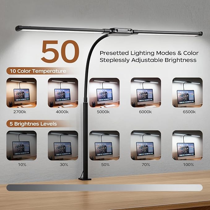 LED Desk Lamp with Clamp, Double Head Adjustable Architect Light, Eye-Caring Monitor Desk Lamp for Home Office, Flexible Gooseneck Task Lamp with 10 Brightness Levels & 5 Color Temperature Modes Black