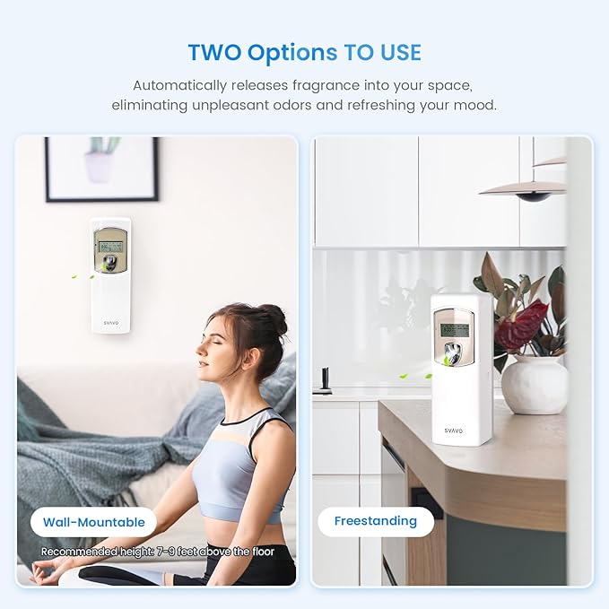 SVAVO Automatic LCD Air Freshener Dispenser - Wall Mount/Free Standing Auto Fragrance Dispenser Programmable Aerosol Spray Perfume Dispenser for Bathroom, Hotel, Office, Commercial Place, White