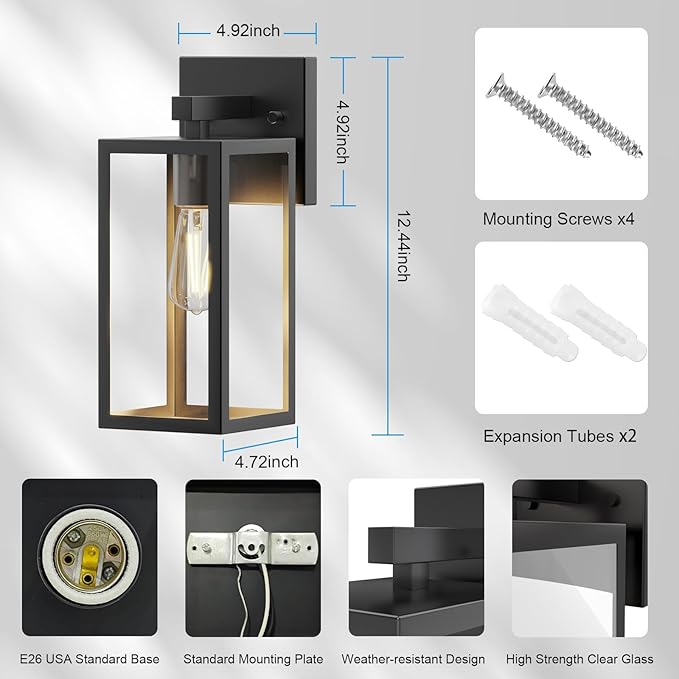 Kalium Porch Lights Outdoor Wall Light Fixture 2pcs, Matte Black, Wall Sconce 12.4 in, Toughened Frame, Clear Glass Shade, Waterproof Lanterns, for Patio, Exterior, Front, Door, Entryway