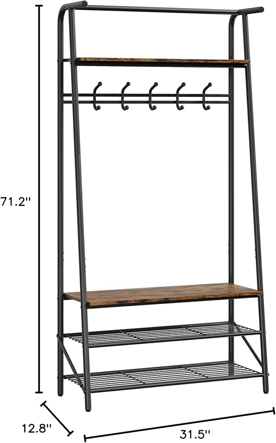 3-in-1 Hall Tree Coat Rack with Bench & Shoe Storage – Sturdy Metal Frame, 5 Hooks, Clothes Rail – Entryway Organizer for Hallway, Mudroom, Front Door – Black & Natural – 80 Single Row Hook