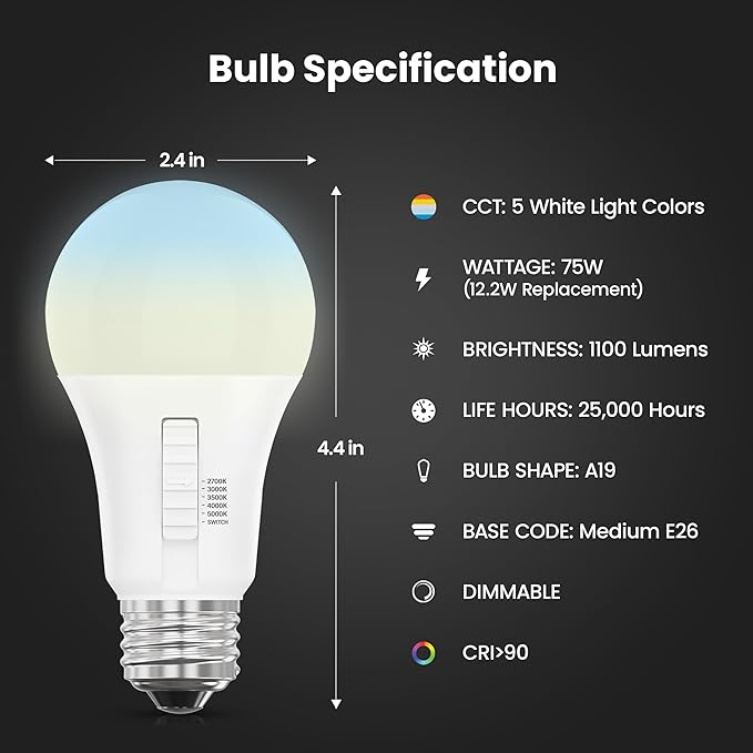 Feit Electric A19 LED Light Bulb, 75W Equivalent, Dimmable, Color Selectable 6-Way, 5CCT, E26 Medium Base, 90 CRI, 1100 Lumens, Damp Rated Lightbulb, 22-Year Lifetime, OM75DM/6WYCA/2, 2 Pack