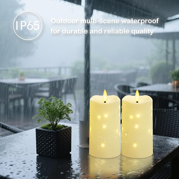 Flameless Candles Embeded Twinkle Starlight, Waterproof LED Flameless Candles with Remote, Plastics Realistic Pillar Candles for Home Decor, Outdoor Garden, Patio Decor 2pcs(Ivory)