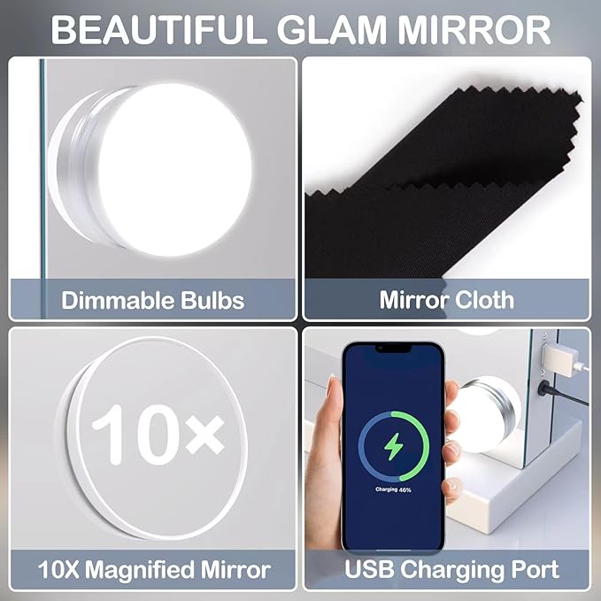 Vanity Mirror with Lights USB+Type-C Charging, 32WX24L Tabletop Hollyhood Makeup Mirror, Hollywood Lighted Mirror with 18 Dimmable LED Bulbs,3 Colors Modes,Touch Control, Gold