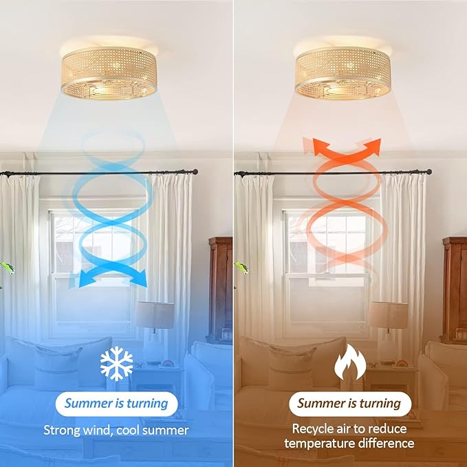 Boho Caged Ceiling Fan with Light, 20'' Rattan Flush Mount Ceiling Fan with Light and Remote Control for Bedroom Kitchen Living Room