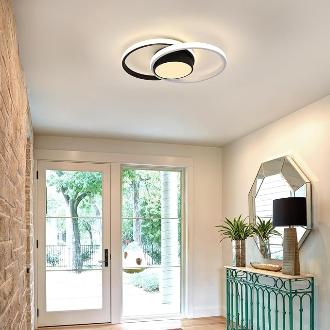 AUA Modern Ceiling Light, 39W LED Flush Mount Ceiling Light Fixture, 15.7" 3000K Round Close to Ceiling Lighting for Bedroom Hallway Dining Room Kitchen Entryway Black and White