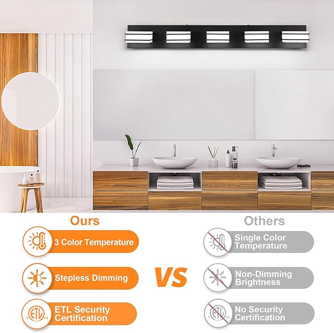 3 Color Temperature Dimmable Vanity Lighting Fixtures, LED Black 5 Light Bathroom Vanity Light Fixtures, Acrylic Stainless Steel Square Shade Vanity Lights for Bathroom, ETL Certificated