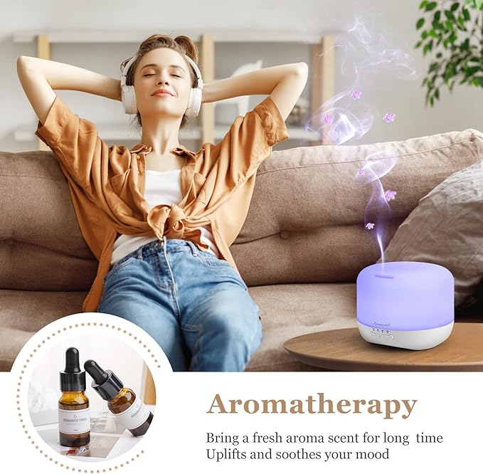 Aromatherapy Essential Oil Diffuser for Room: Air Humidifier Aroma Scent Cool Mist Colorful Lights Cute Small Large Waterless Auto Off Ultrasonic Diffusers for Home Bedroom White (300ml)