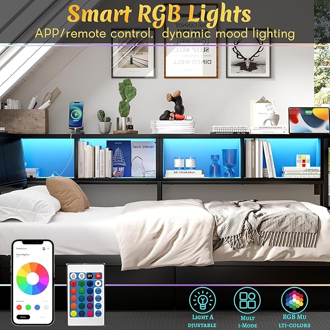 Full Corner Bed Frame with Desk, LED Lights & Charging Ports, L-Shaped Daybed with Storage Drawers, Bookcase & Open Shelves, Modern Full Size Daybed for Kids, Teens & Compact Bedrooms,Black