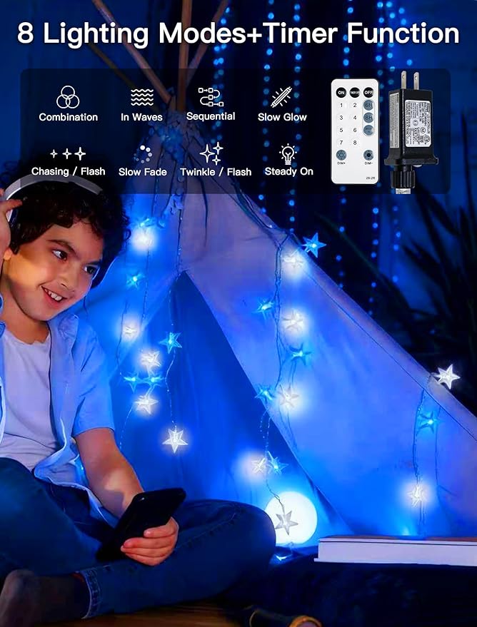 Star String Lights Plug in,33ft 100LED Fairy Lights with Remote, Hanging Star Decorations Lights Waterproof for Indoor Outdoor Bedroom Classroom Dorm Kids Tent Party Decor,Blue White
