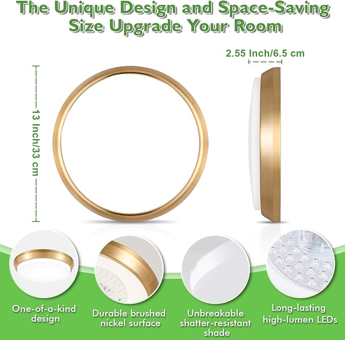 2-Pack 36W LED Ceiling Light Fixture for Bedroom Kitchen, 3600 Lumens Super Bright Dimmable Flush Mount Ceiling Light, 2700K/3000K/4000K/5000K/6500K Adjustable Modern Lamps for Hallway Stairwell, Gold