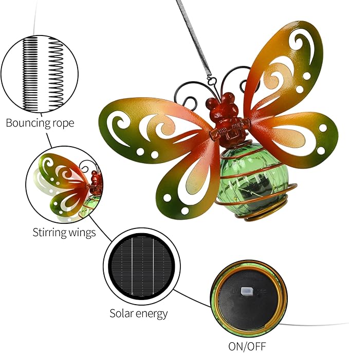 2 Pack Butterfly Garden Decor with Bouncy Springs Fairy Lights Birthday Gifts for Women Mom,Hanging Solar Lights Outdoor Waterproof Metal Solar Decoration Outside for Yard, Patio, Backyard, Porch