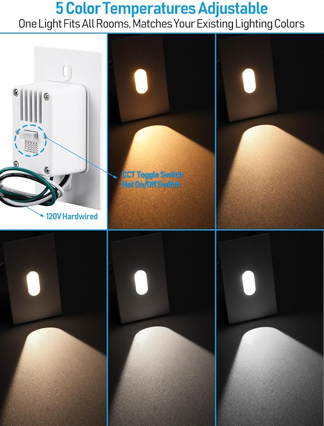 LEONLITE Indoor LED Step Light, 5CCT 120V Dimmable Pin Hole Stair Lights, Anti-Glare 30° Streamlined Lighting Effect for Staircase Bedroom, CRI90, ETL, White, Vertical, Pack of 6