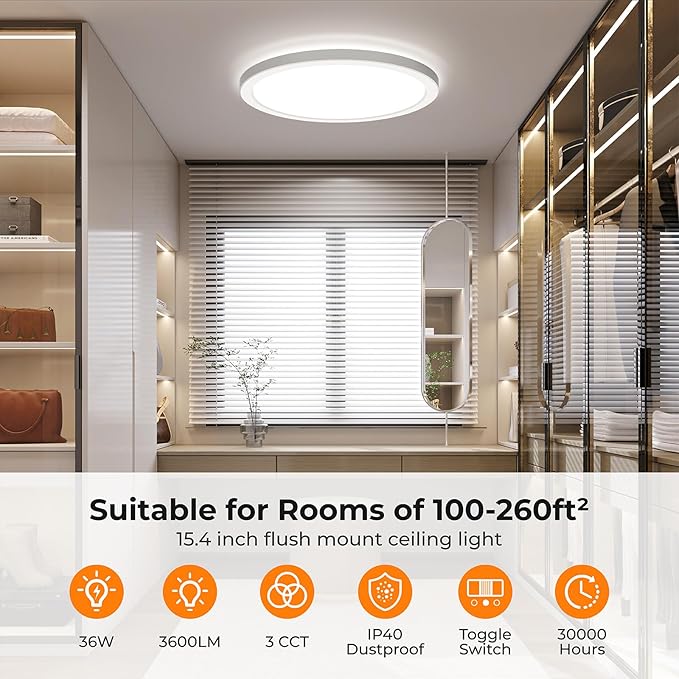 BLNAN 15.4 Inch LED Flush Mount Ceiling Light, 3000K-5000K 3 Color Selectable Ceiling Lights, 36W 3600LM Closet Light Fixture, Ceiling Lamp for Bedroom, Dining Room, Kitchen