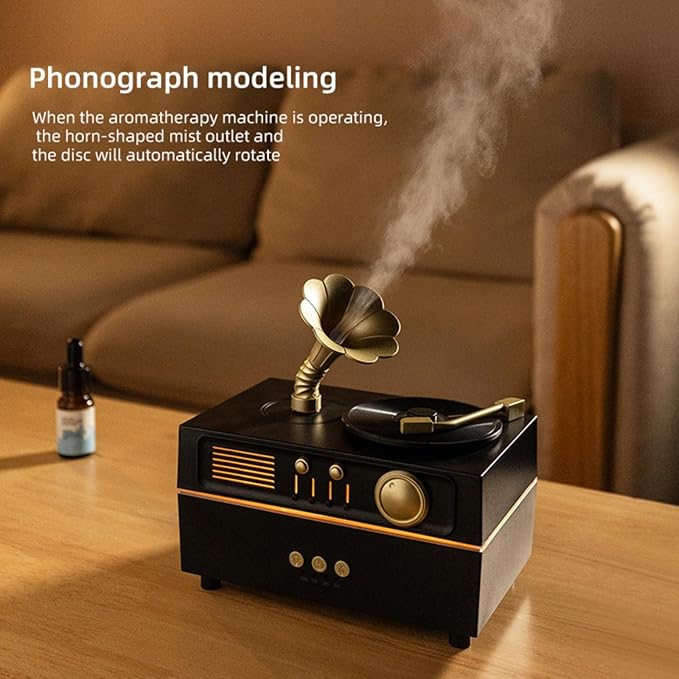 Daroma Essential Oil Diffuser, Retro Phonograph Design with Music Player, 7-Color LED Lights, Low-Noise Aromatherapy Humidifier for Home Office, Unique Gift Idea (Black)