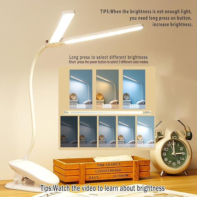 Dual Head LED Desk Lamp with Clamp, Eye-Caring Clip on Lights for Home Office, 3500mAh Rechargeable Battery Operated Table Lamps,3 Lighting Modes & Brightness Dimmer Light for Kids Students