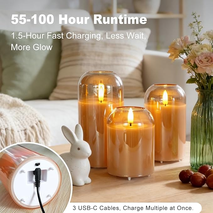 3Pcs LED Candle Set Rechargeable with Remote Control,Clear Glass Flameless Candles,Candle Lights for Home Decor, Bedroom, Bathroom Accessories，Pumpkin Fake Candles for Halloween