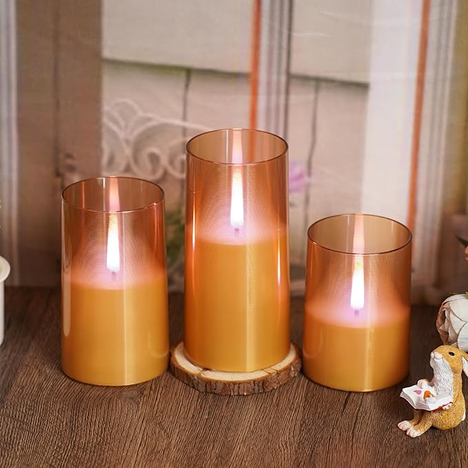 Flameless Candles Upgraded Realistic Flickering Flame,Battery Operated LED Candles with Remote Timers,Acrylic Electric Candles Set of 3(D 3" xH 4" 5" 6")（Gold）