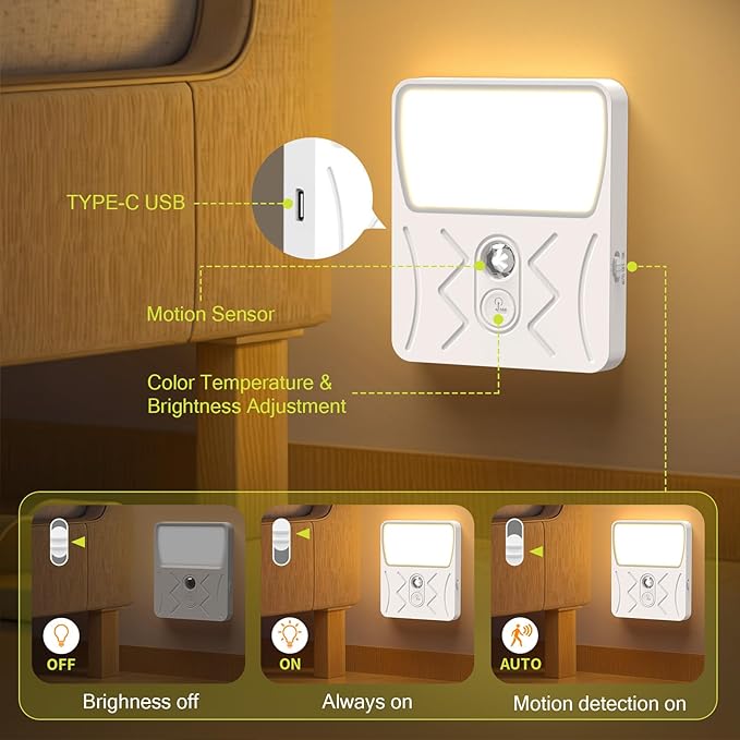 Airand Rechargeable Motion Sensor Night Light, 3 Color Temps LED Stick-On Closet Light with Dusk to Dawn Sensor, Adjustable Brightness for Bedroom, Wall, Kitchen, Stairs, Hallway, 2-Pack