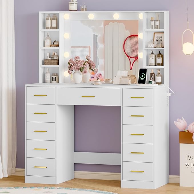 Makeup Vanity with Drawers, 43" White Vanity Desk with Mirror and Lights, 11 Drawers & 4 Shelves, Power Outlet & Adjustable LED Lights, Dressing Table for Women & Girls Bedroom