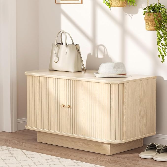 31" Shoe Storage Bench Dark Oak Entryway Storage Bench with Sliding Doors, Padded Cushion and 5 Metal Wall Hooks for Hallway, Living Room