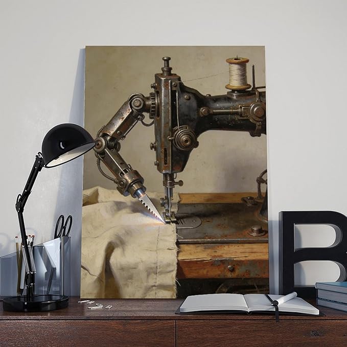 Framed Steampunk Mechanical Sewing Machine Wall Art - Retro Industrial Workshop Poster for Home Office Studio Decor 12x18inch(30x45cm)
