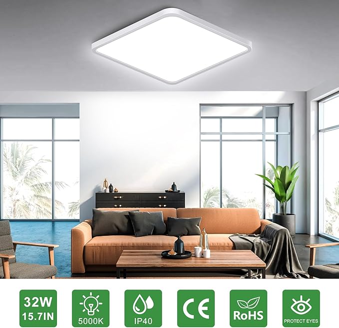 15.7Inch 32W Square LED Ceiling Light Fixtures Flush Mount, 5000K Daylight White LED Ceiling Lamp, Surface Mount Modern Ceiling Lights, White Slim Flat Panel Lighting for Bedroom, Kitchen, Bathroom