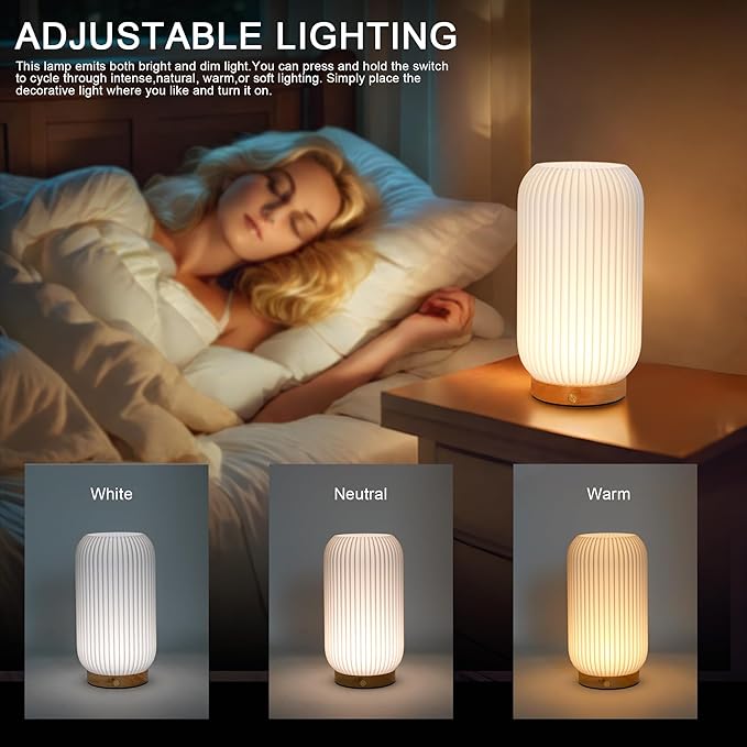 JHY DESIGN 9" H 3-Color Light Source Dimmable Touch Bedside Lamps Set of 2 Rechargeable Button Control Lamps 3D Printed Nightstand Lamps with Woodbase for Bedroom Kids Room(White, Type-C Charging)