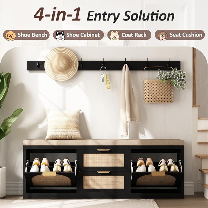 Rattan Narrow Entryway Bench with Shoe Storage, 4 Drawers & Coat Rack, Mid-Century Modern Wood Shoe Cabinet with Seat Cushion for Foyer/Hallway (Black)
