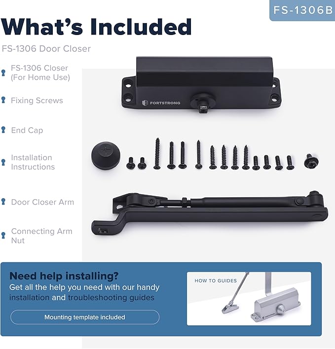 Automatic Door Closer (Black), FS-1306B Residential Hydraulic Auto Door Closer, Grade 3 Self Closing Spring Hinge, UL Listed & ADA Soft Closers No Slam, for Home & Interior Garage Doors Closure
