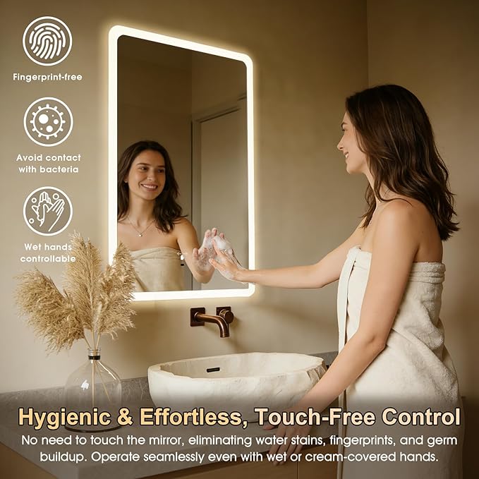 WARM&LOVE 16 x 24 Inch LED Bathroom Mirror, Hand Scan Sensor Anti-Fog Bathroom Mirror with Lights, Stepless Dimming, 3 Color Lighting, Lighted Bathroom Mirrors for Wall, Vertically Only