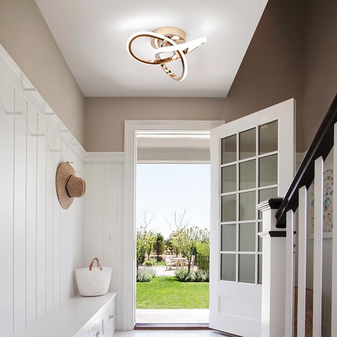 CANEOE Modern LED Ceiling Light, 6000K Gold Led Hallway Ceiling Light Fixtures, Curved Design Semi Flush Mount Ceiling Lights for Hallway Bathroom Kitchen Entryway Stair Ceiling Lamp (No Dimmble)