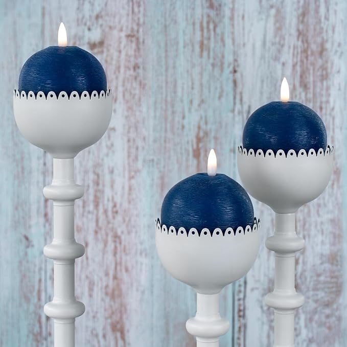 Flameless Candles with Remote, Blue Round Candles Ball LED Battery Operated Real Wax Candles Warm Light 3D Wick Flickering for Home Party Wedding Decor (Set of 3)