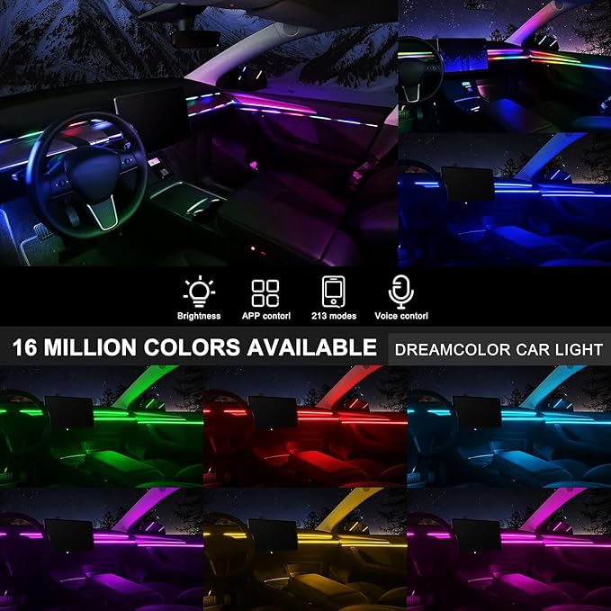 Acrylic Interior Car LED Strip Light with Wireless APP, RGB Dreamcolor 6 in 1 with 175 inches 593 LEDs Fiber Optic Ambient Lighting Kits, 16 Million Colors Sound Active Function Car Neon Lights