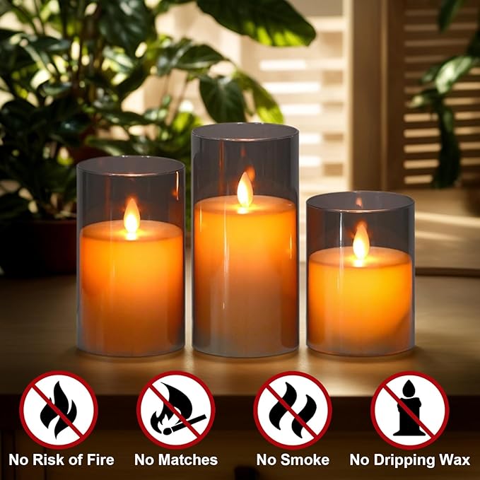 DRomance Black Glass Flameless Candles with Remote Timer Moving Wick Battery Operated LED Flickering Pillar Candles Plastic Dinner Wedding Christmas Holiday Decor D3 x H4, 5", 6"