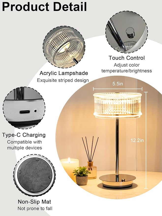 Cordless Table Lamp,LED Desk Lamp Rechargeable Bedside Lamps,3 Colors Dimmable Night Light Portable Touch Lamp,Acrylic Crystal Reading Light for Bedroom Living Room Kitchen Ambient Lighting Home Decor