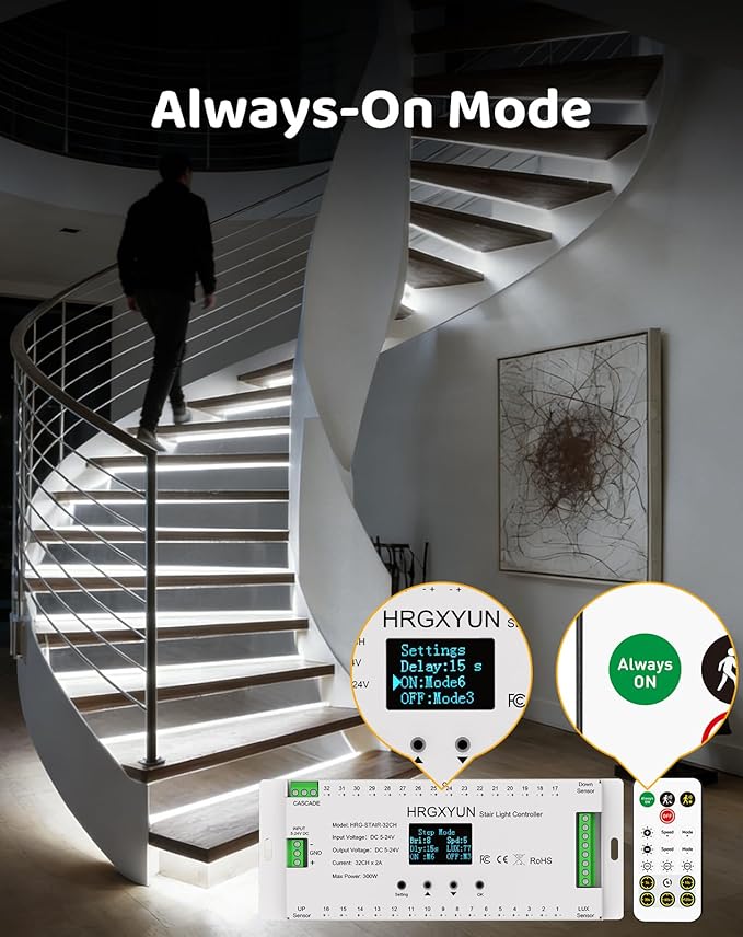 20-Step LED Stair Lights, 12V 6W 6500K Cool White Stair Lighting with Radar Motion & Daylight Sensors, Remote Control, Cuttable Every 1 Inch, Plug-and-Play Design,UL Listed
